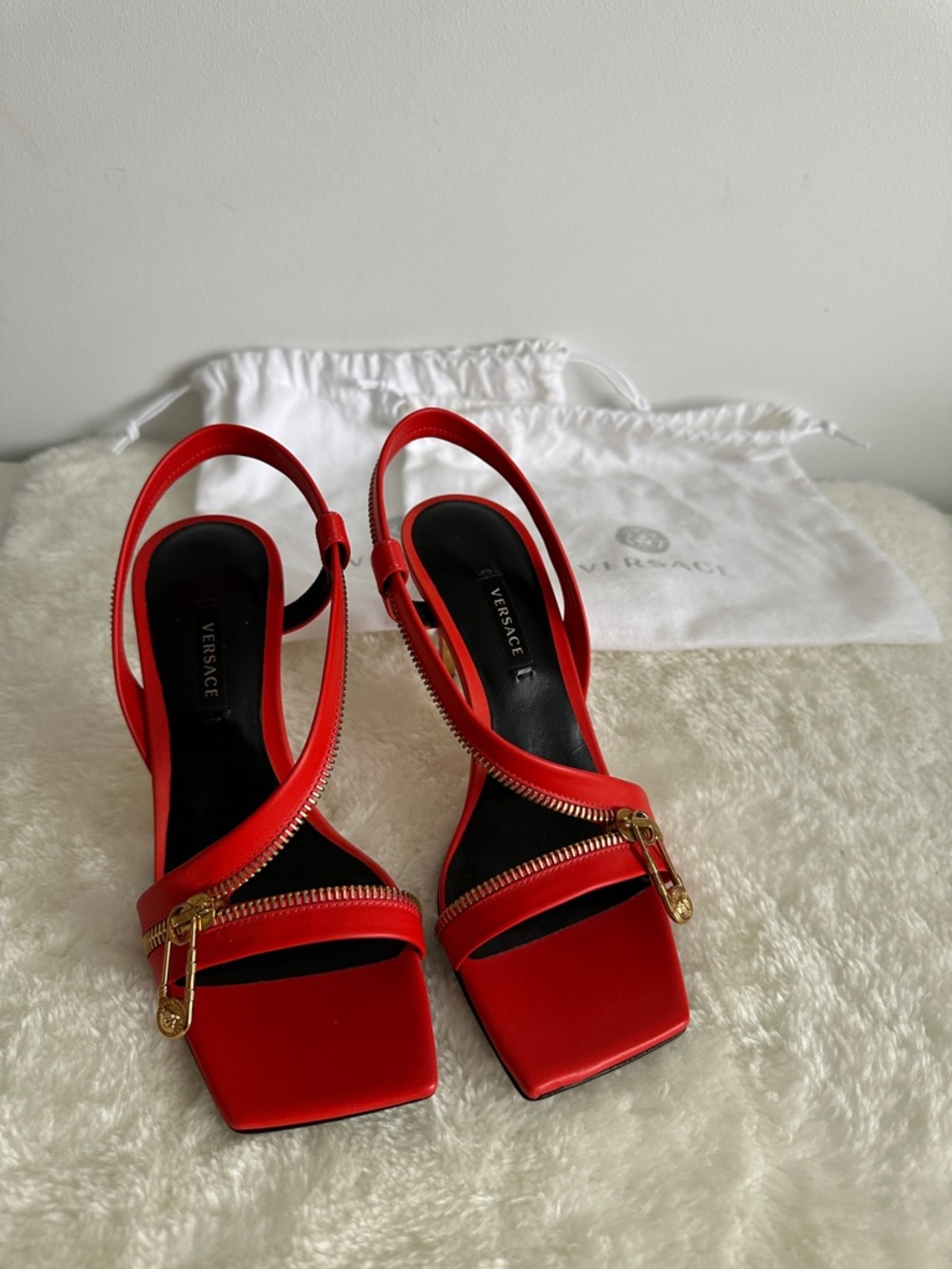 Versace Red Slingback Heels with Gold Zip Safety Pin